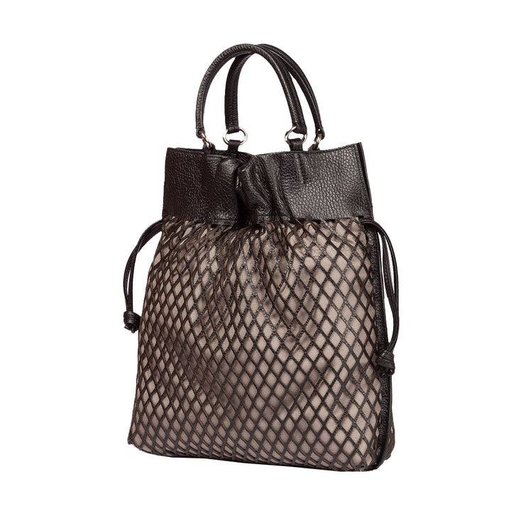 Stylish black leather and mesh tote bag with handles