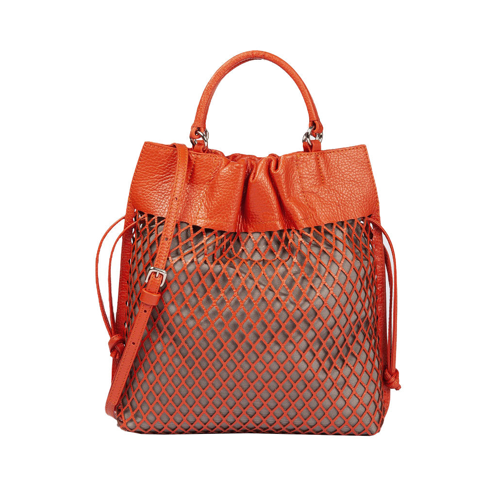 Orange leather drawstring handbag with netted outer layer