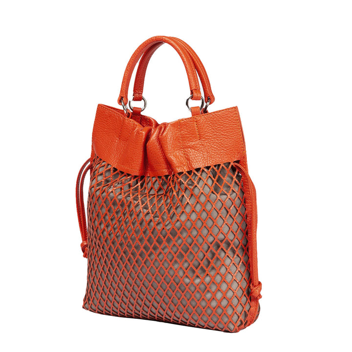 Stylish orange leather mesh handbag with handles