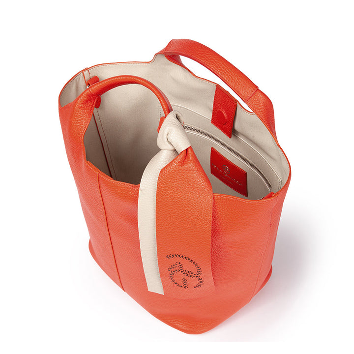 Orange leather tote bag with inner compartments and shoulder strap