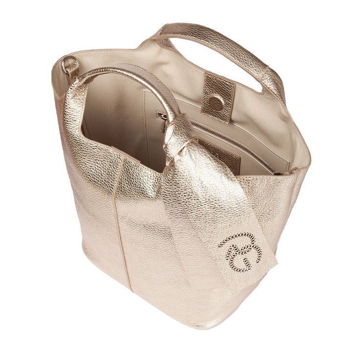 Gold textured leather handbag with open top and logo detail inside