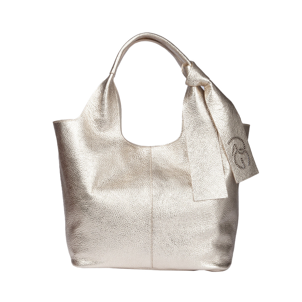 Gold metallic tote bag with handle ribbon accent