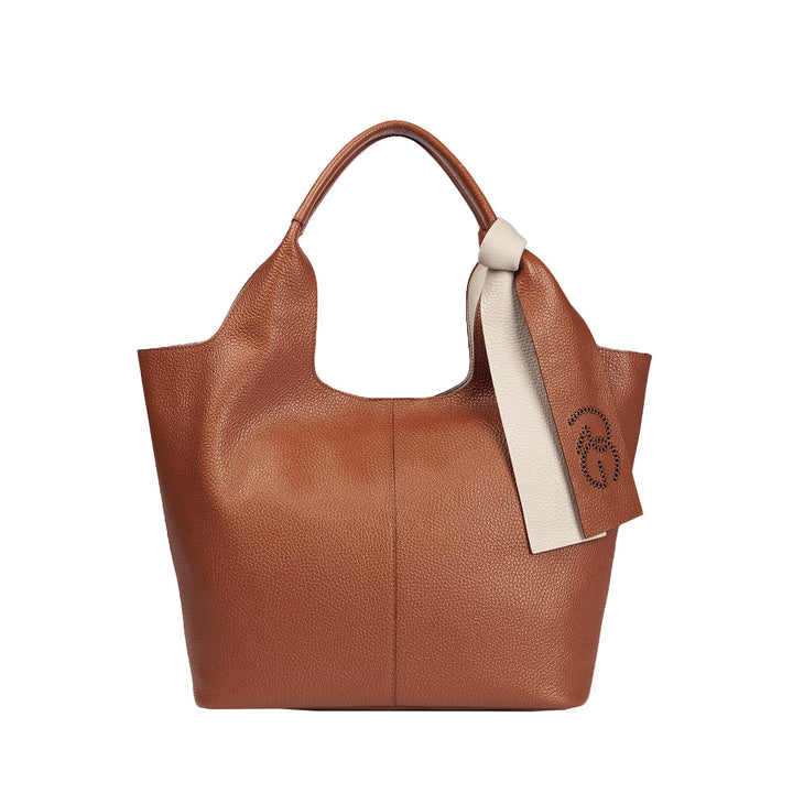 Brown leather tote bag with beige bow detail and embossed logo