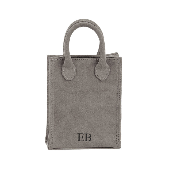 Gray suede handbag with monogram initials 'EB' on front