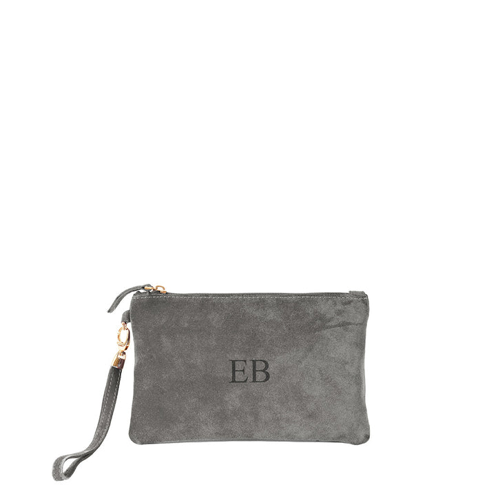 Gray suede wristlet pouch with zipper and monogrammed initials 'EB'