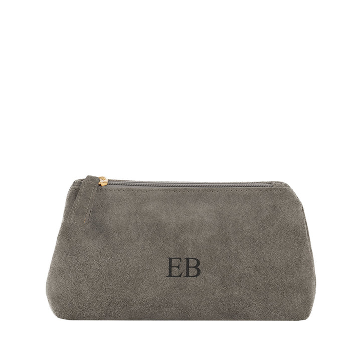 Gray suede cosmetic bag with gold zipper and monogrammed initials