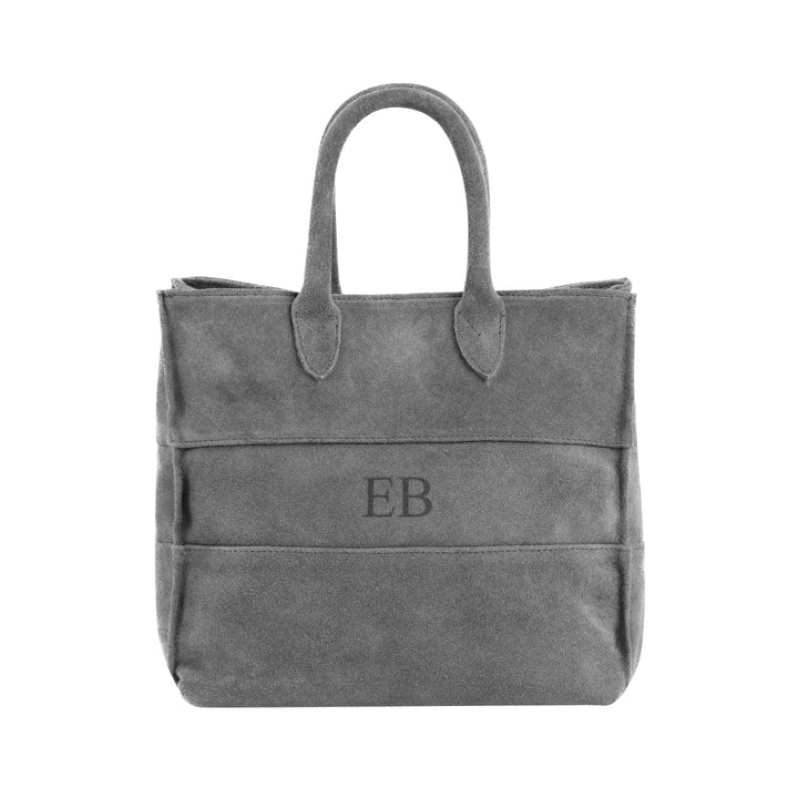 Gray suede tote bag with embroidered EB initials