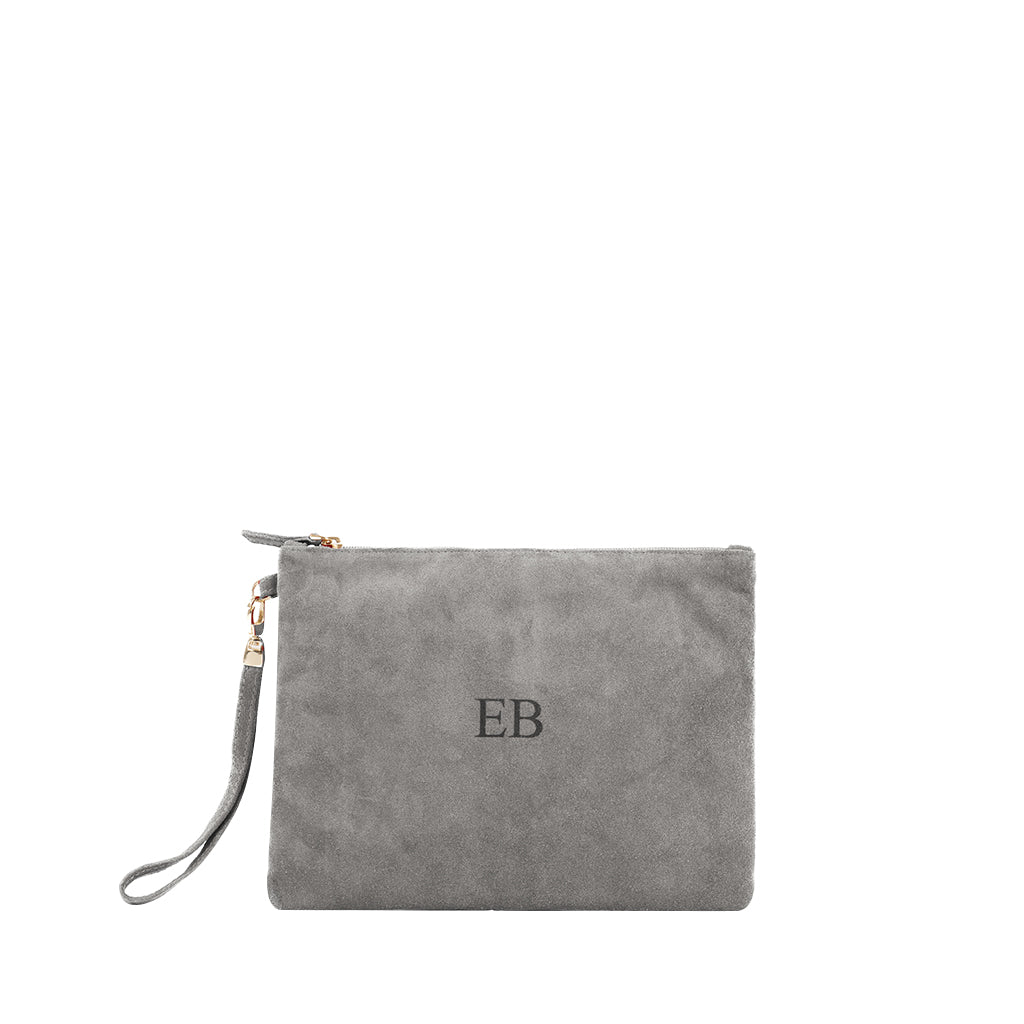 Gray suede clutch purse with wrist strap and EB monogram