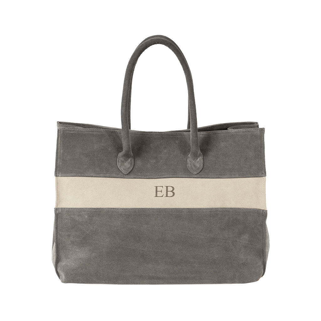 Gray suede tote bag with initials EB on beige stripe