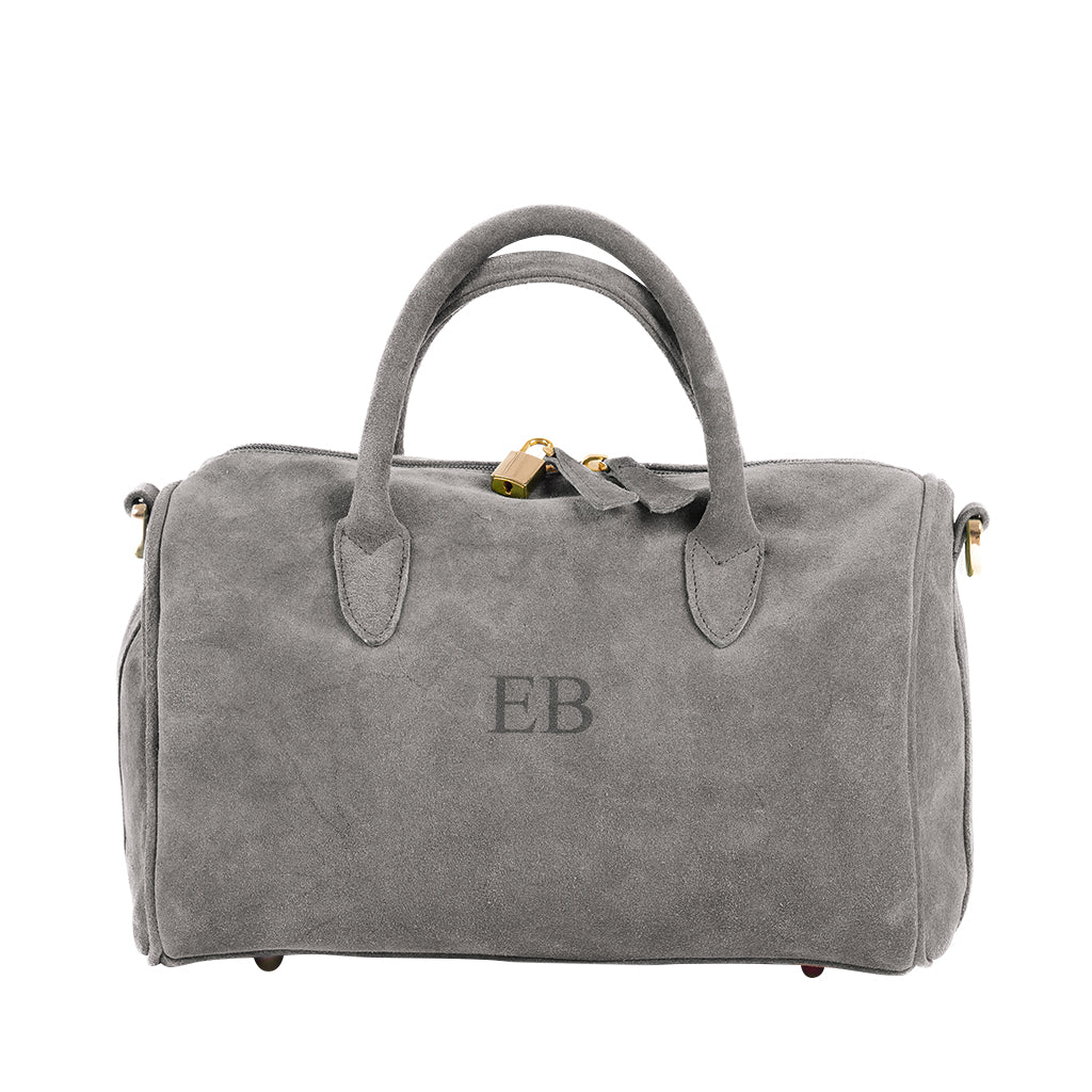 Grey suede handbag with gold hardware and monogram EB