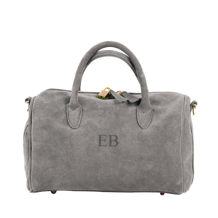 Grey suede handbag with gold hardware and monogram EB