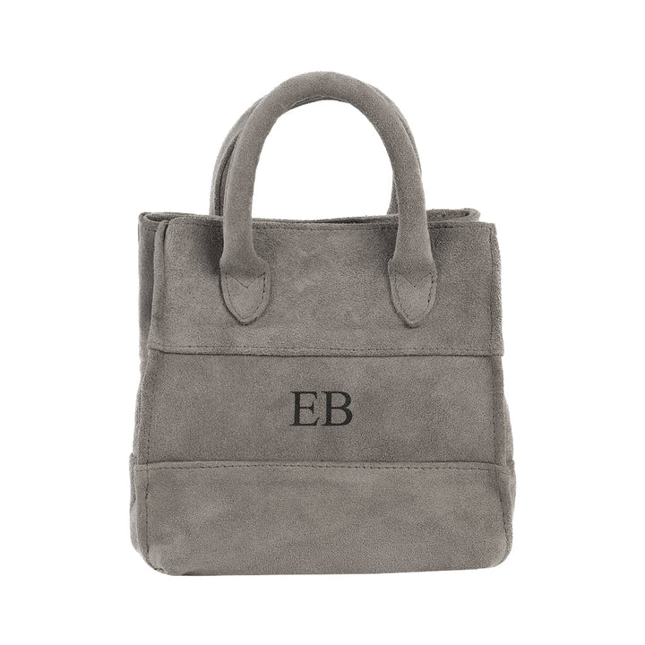 Gray suede handbag with embroidered initials 'EB'