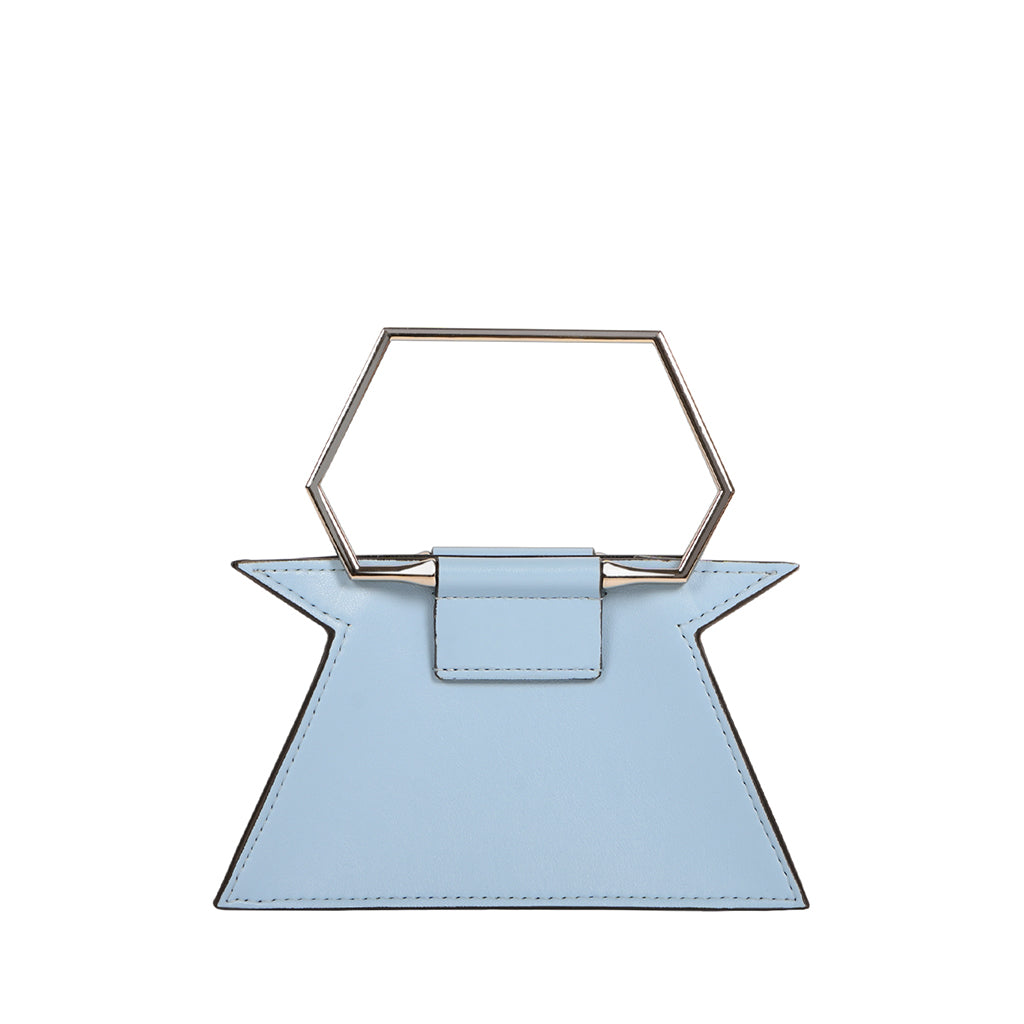 Light blue geometric handbag with a hexagonal metal handle