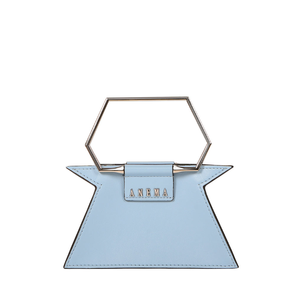 Light blue geometric handbag with hexagonal handle and ANEMA branding