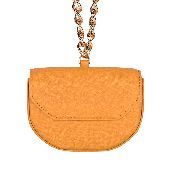 Orange leather handbag with gold chain strap