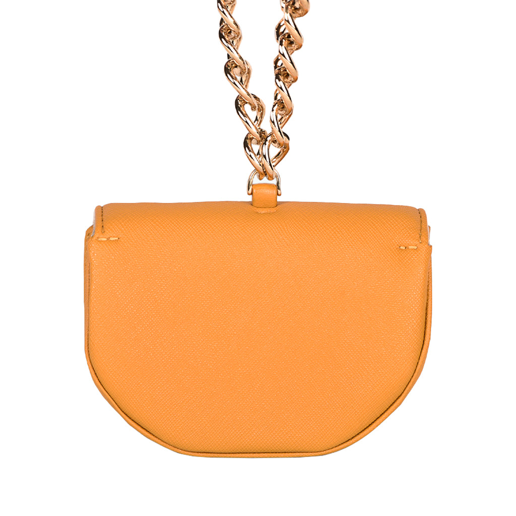 Small orange leather crossbody bag with gold chain strap