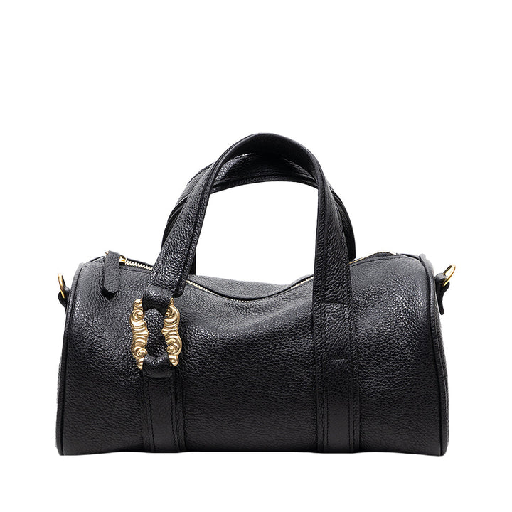 Elegant black leather handbag with gold decorative hardware details