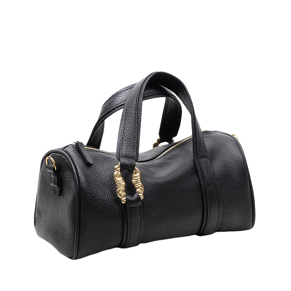 Black leather designer handbag with gold hardware and top handles