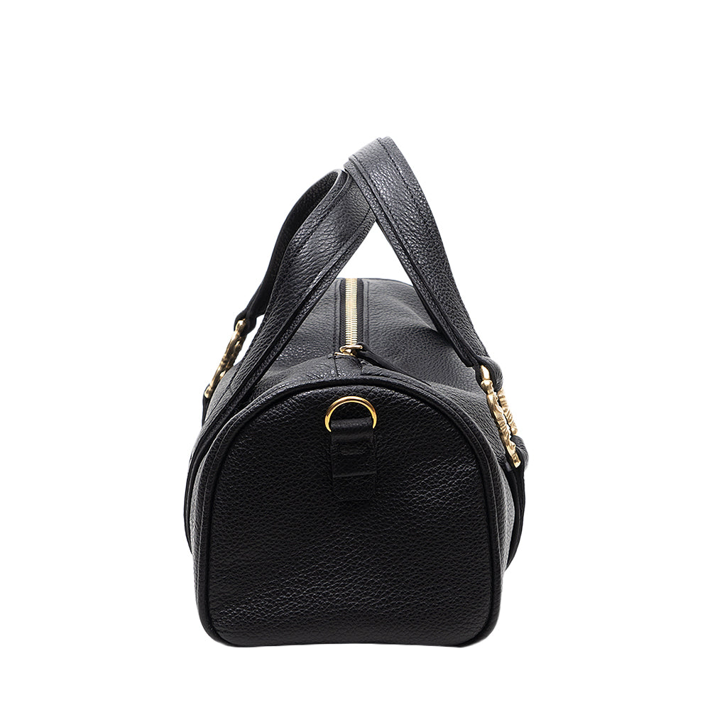 Black leather duffle bag with gold hardware, side view