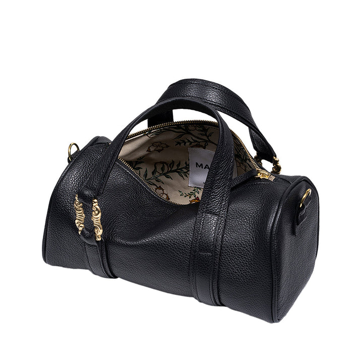 Black leather duffel bag with gold zipperså¼€æ”¾å’ŒèŠ±çº¹å†…è¡¬