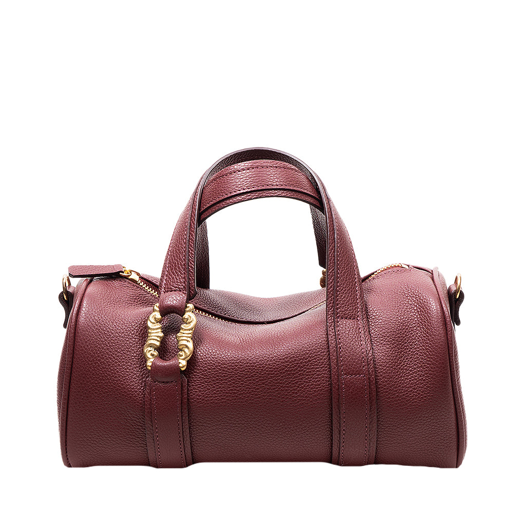 Maroon leather handbag with gold accents and double handles