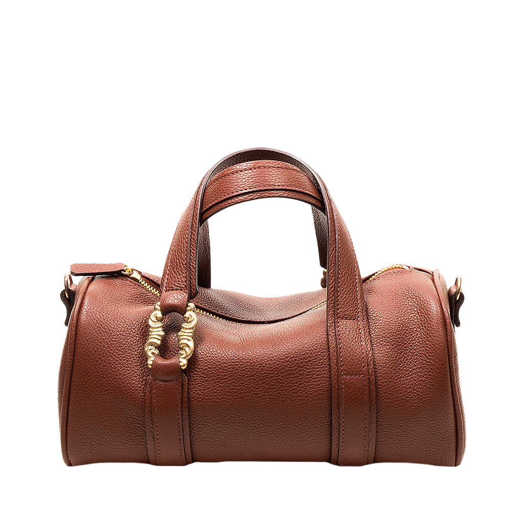 Brown leather handbag with gold accents and dual handles