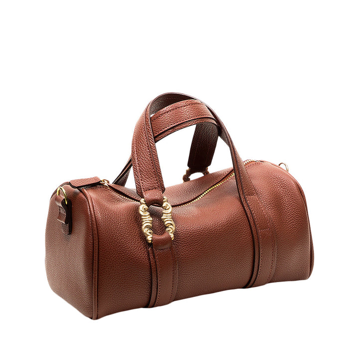 Brown leather duffle bag with gold zipper and strap details