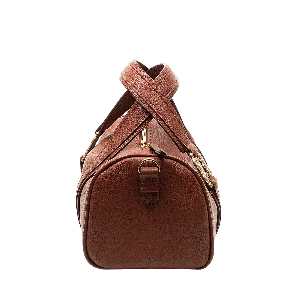 Brown leather duffel bag with gold zipper and buckle detail