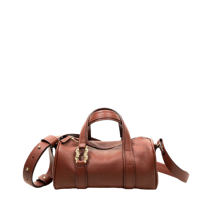 Brown leather satchel with gold accents and adjustable shoulder strap