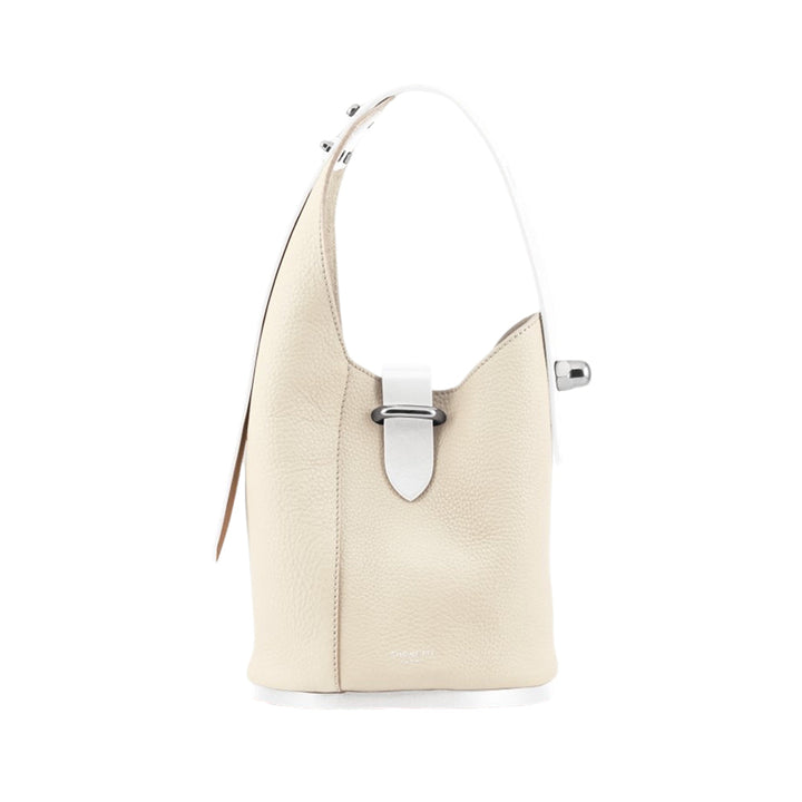 Beige leather bucket bag with silver buckle and white strap