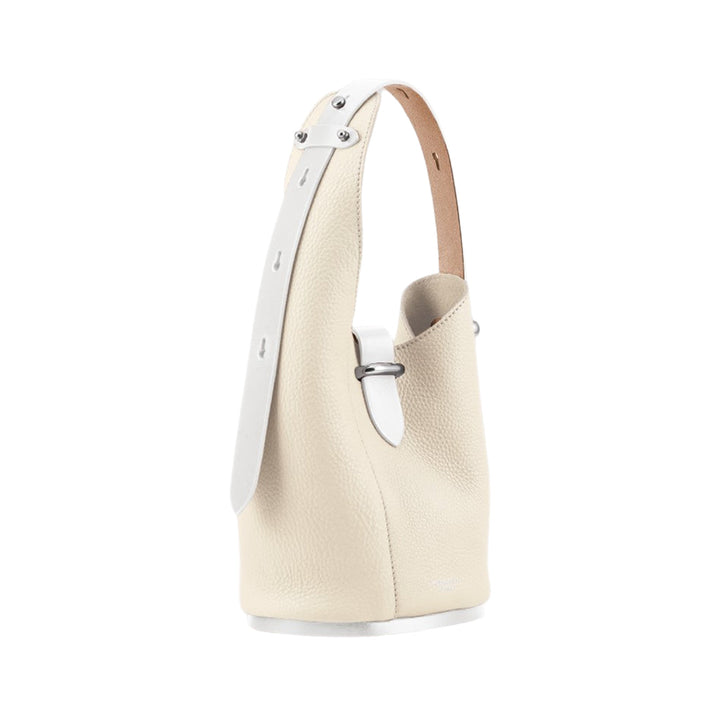 Minimalist beige leather handbag with white adjustable strap