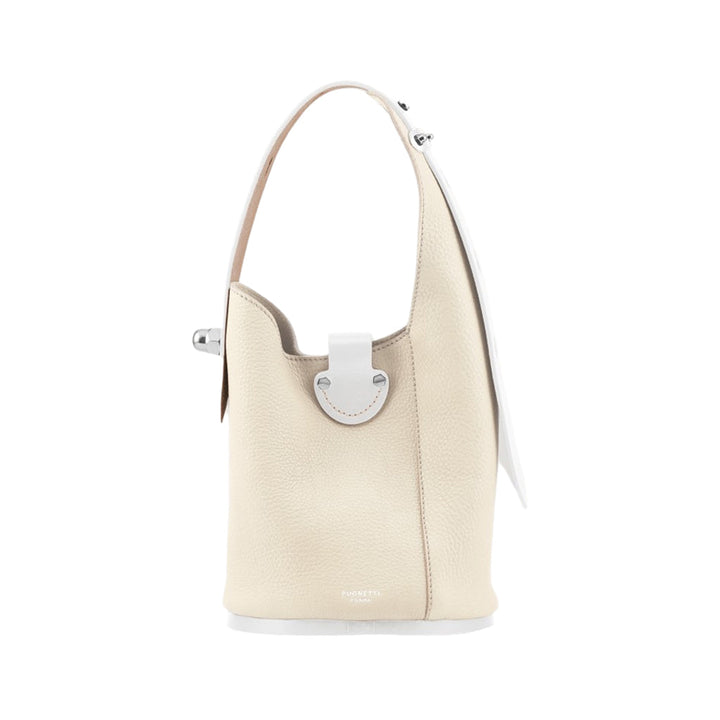 Ivory leather handbag with a curved handle and silver buckle closure