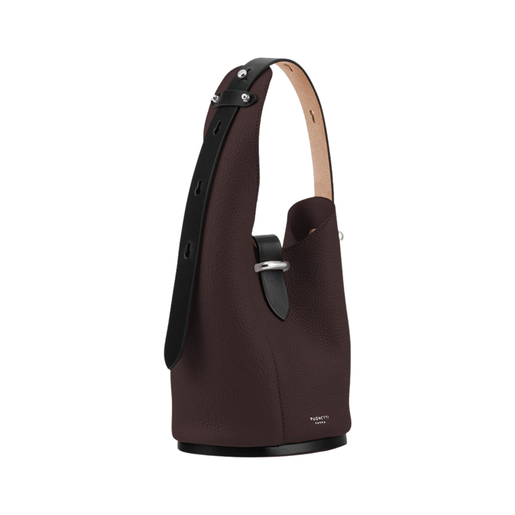 Dark brown leather handbag with black strap and silver buckle