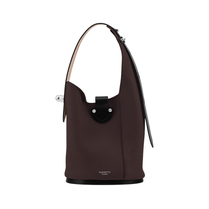 Elegant dark brown leather bucket bag with a black strap and silver clasp detailing