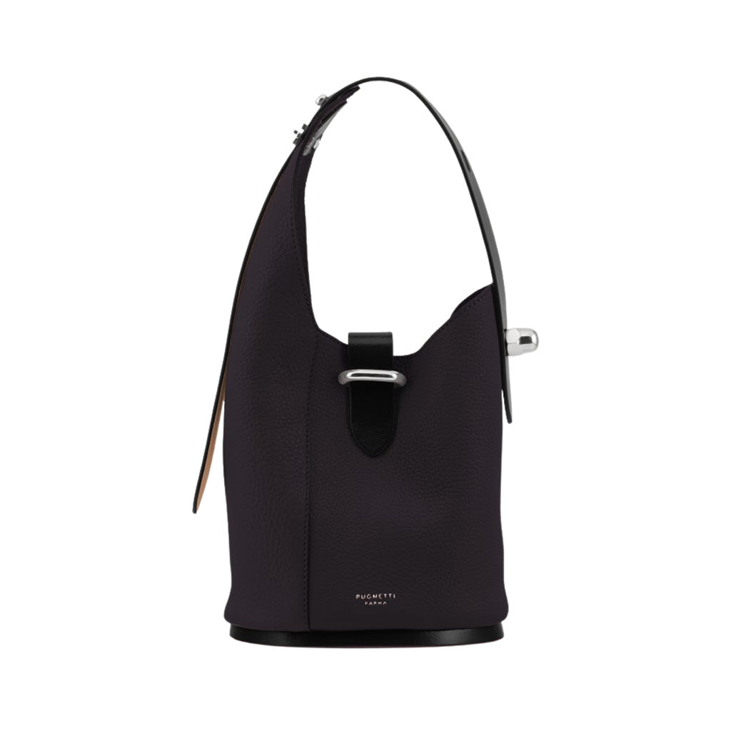 Black leather bucket bag with handle and silver clasp