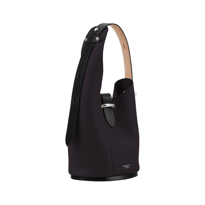 Black leather bucket bag with adjustable strap and silver buckle