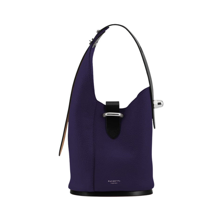 Purple bucket handbag with black strap and silver buckle