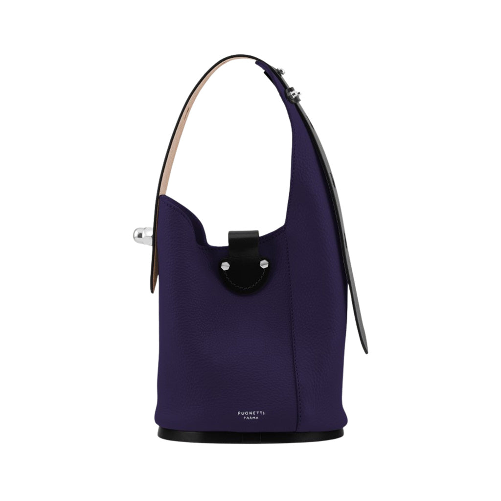 Stylish purple leather bucket handbag with black accents and silver hardware