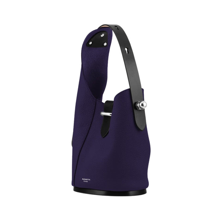 Luxurious purple designer handbag with black leather strap and silver hardware