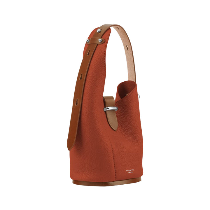 Elegant brown leather shoulder handbag with adjustable strap and metallic accents