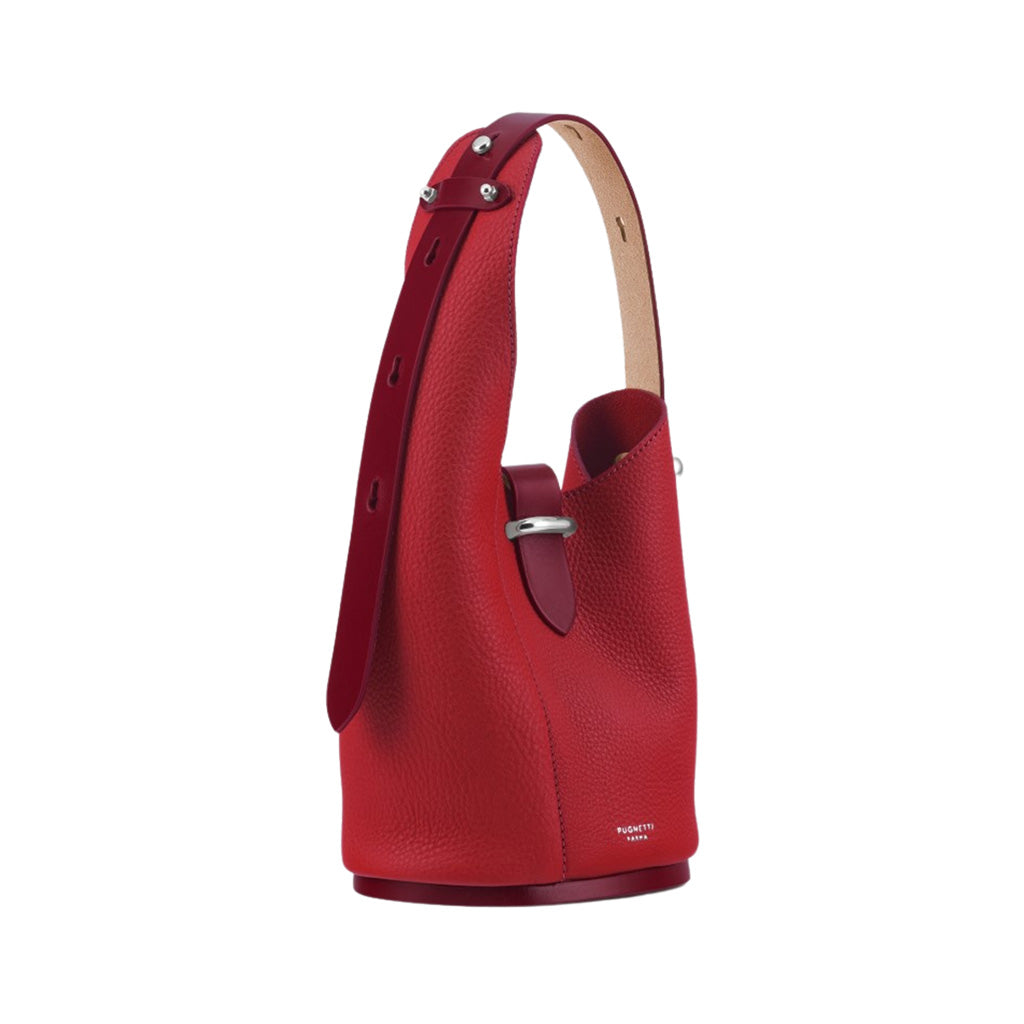 Luxurious red leather shoulder bag with metal clasp and adjustable strap