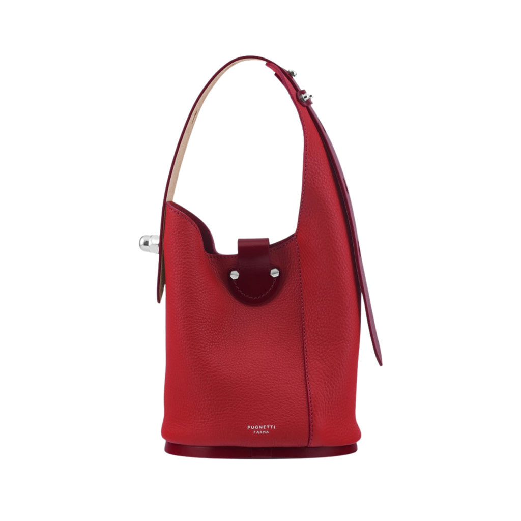 Red leather bucket bag with a single handle and silver hardware