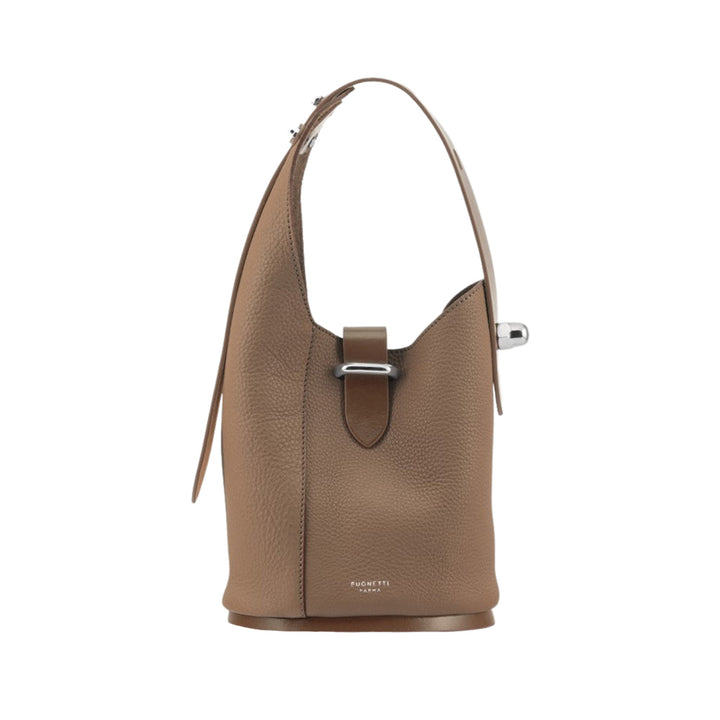 Brown leather bucket bag with shoulder strap and buckle detail