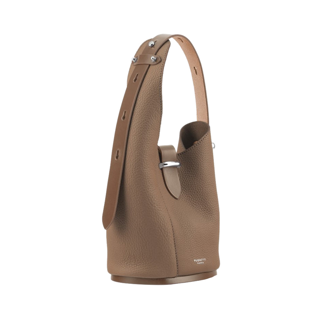 Brown leather handbag with silver hardware and adjustable strap