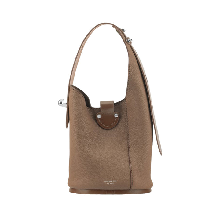Brown leather bucket bag with top handle and silver hardware