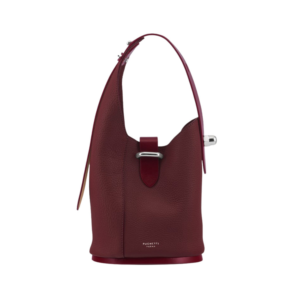 Burgundy leather bucket bag with silver-tone hardware and top handle