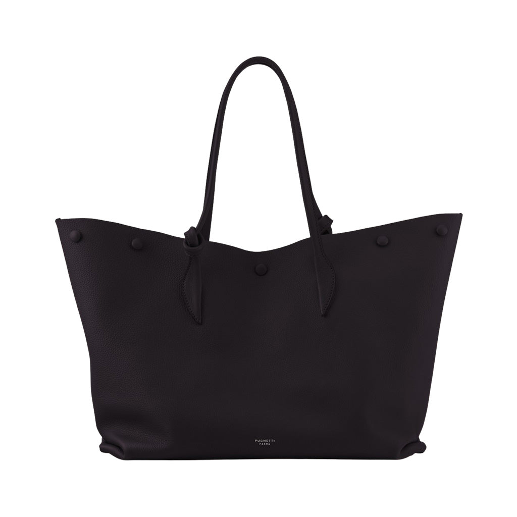 Elegant black leather tote bag with shoulder straps