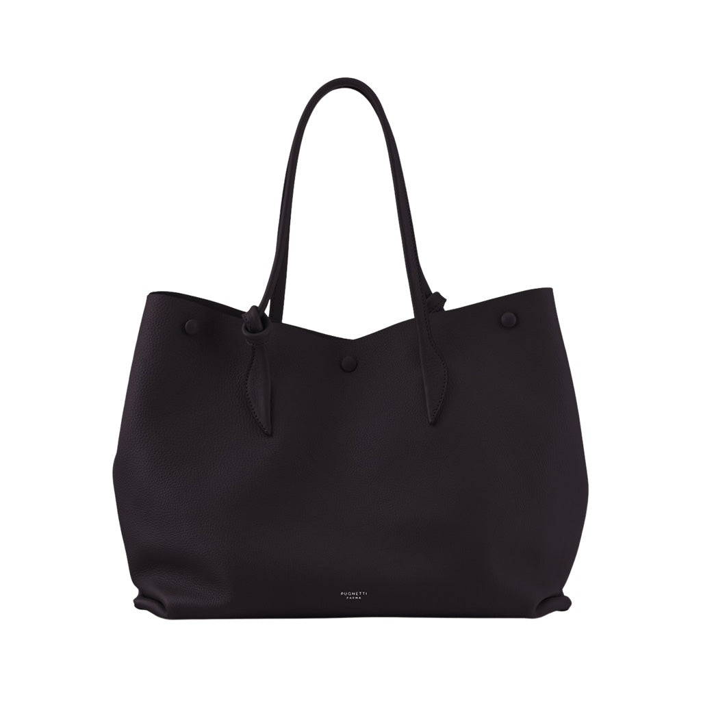 Elegant black leather tote bag with dual handles