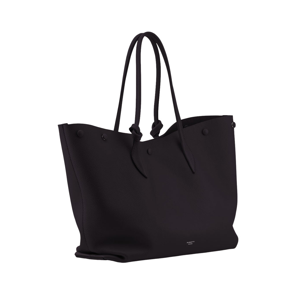 Elegant black leather tote bag with long handles