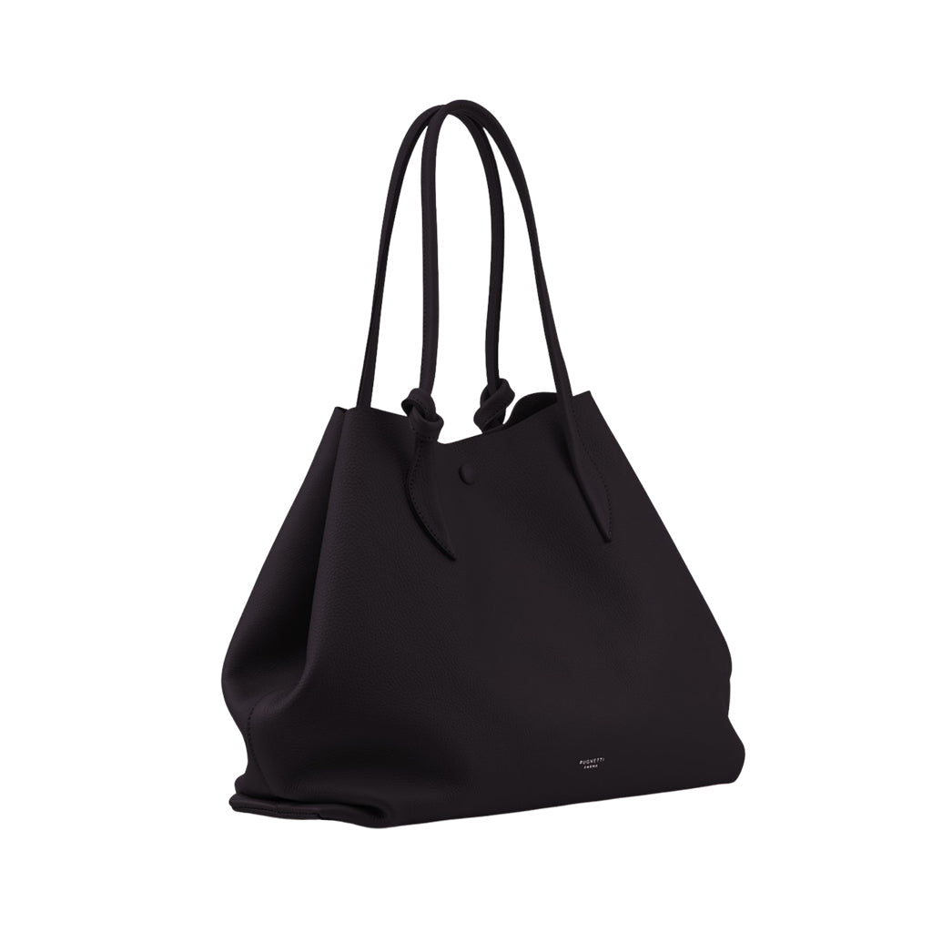 Minimalist black leather handbag with long handles